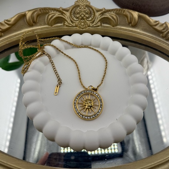 Sun Medallion Pendant Necklace Stainless Steel Gold Plated with Cubic Zirconia - Picture 9 of 10